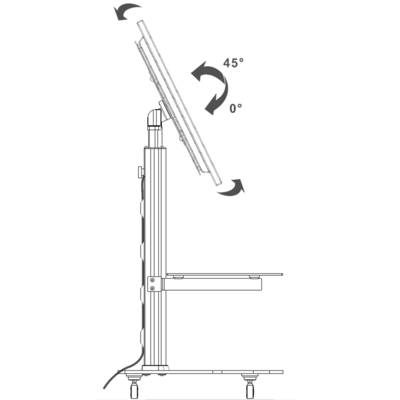 Eine illustrative Zeichnung eines verstellbaren Monitors zeigt, dass der Bildschirm von 0° bis 45° nach hinten geneigt werden kann. Der Monitor steht auf einem höhenverstellbaren Gestell.