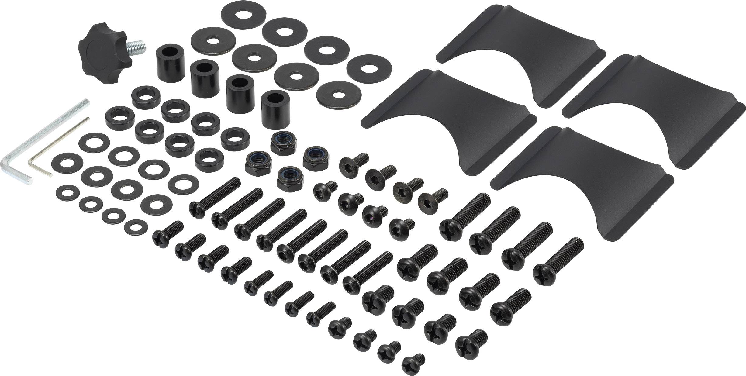 'Schraubenset mit verschiedenen Muttern, Unterlegscheiben und Halterungen in schwarzem Metall, aufgereiht auf einer weißen Fläche.'