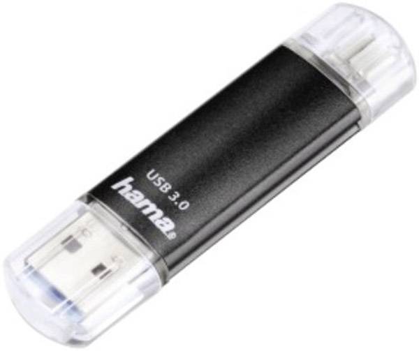 Ein schwarzer USB-Stick mit der Aufschrift 'USB 3.0' und 'hama'. Der Stick hat durchsichtige Schutzkappen an beiden Enden.