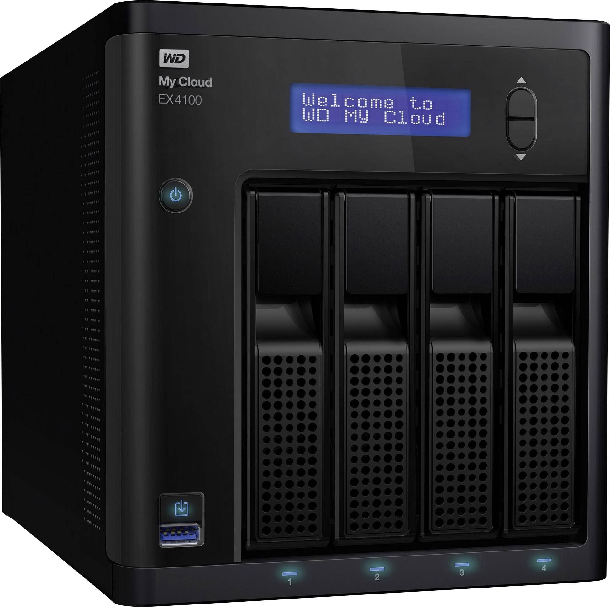 Schwarzes NAS-Gehäuse mit vier Festplatteneinschüben, blauem Display mit Text 'Welcome to WD My Cloud'. USB-Anschluss vorne.