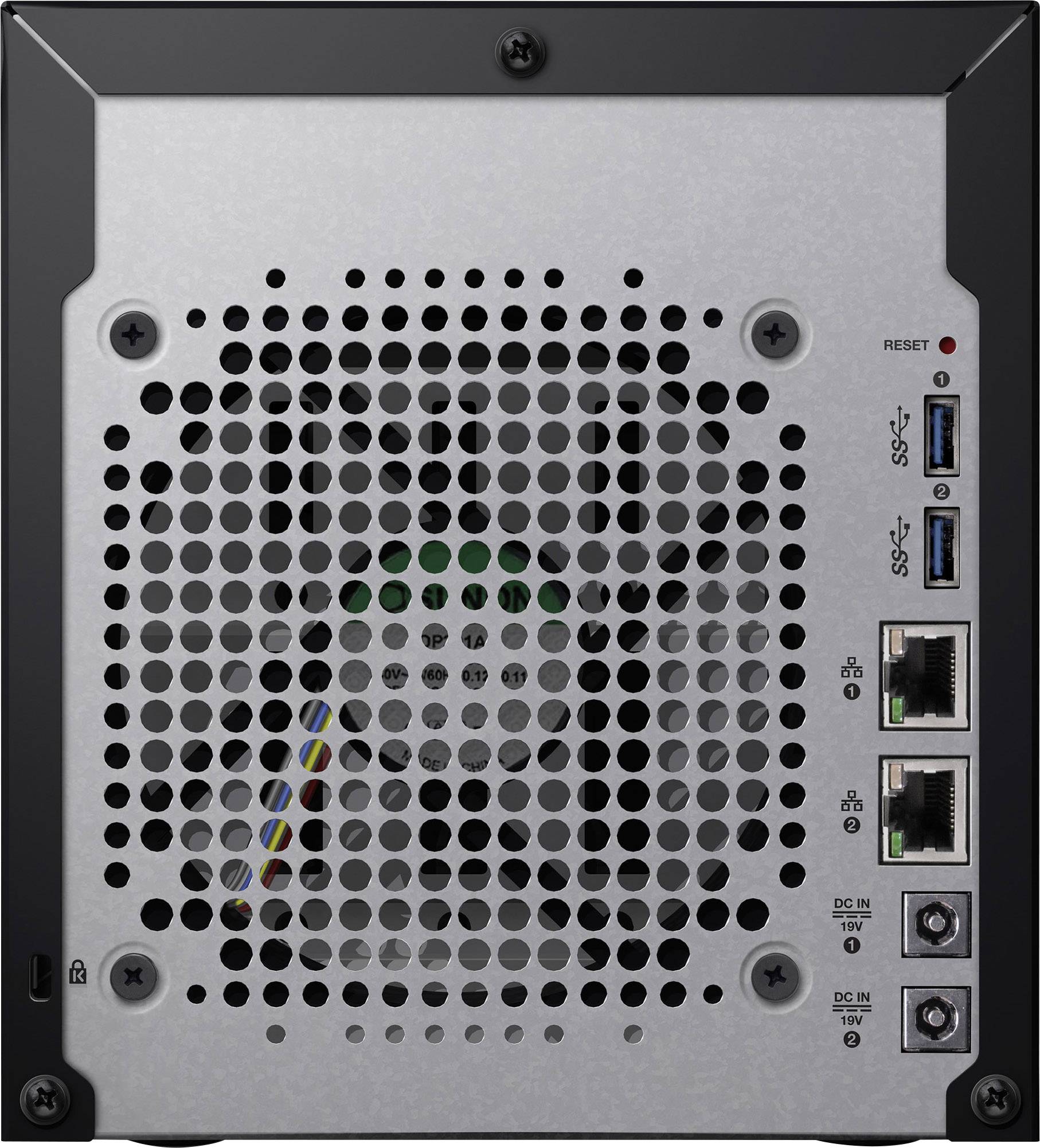 Rückseite eines IT-Geräts mit Lüftungsgitter. Zwei USB-Anschlüsse, zwei Netzwerkanschlüsse, Netzanschluss und Reset-Taste sind sichtbar.