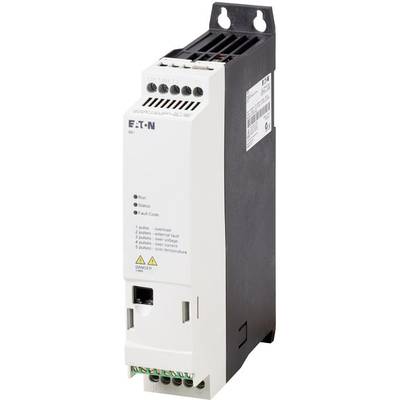 Elektrisches Gerät mit mehreren Anschlüssen und LED-Anzeigen für Run, Status, und Error. Markiert mit 'Eaton' und Sicherheitswarnungen.