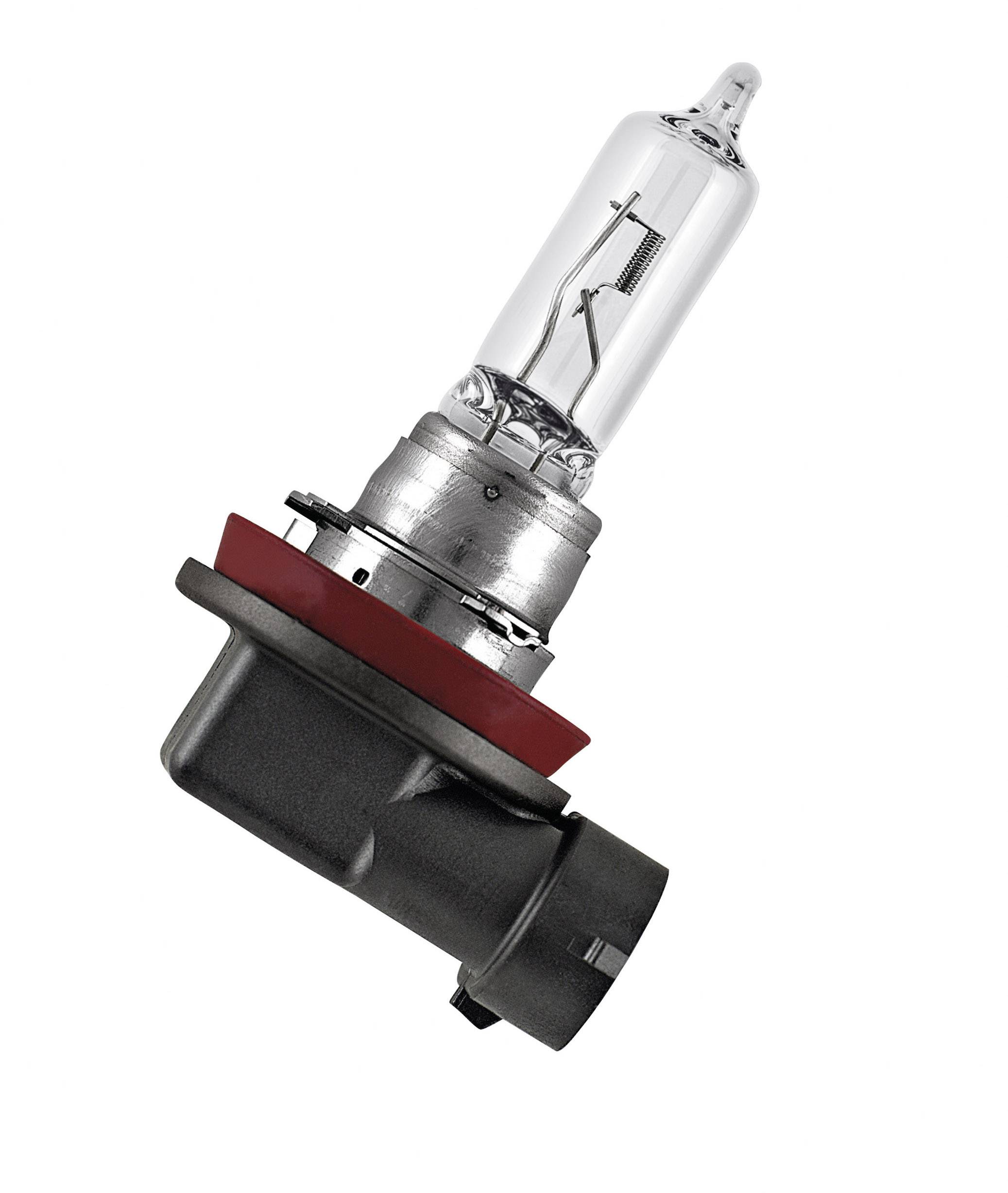 Nahaufnahme einer Halogen-Autolampe mit einem Metall- und Glaskolben, montiert auf einer schwarzen Kunststoffbasis.