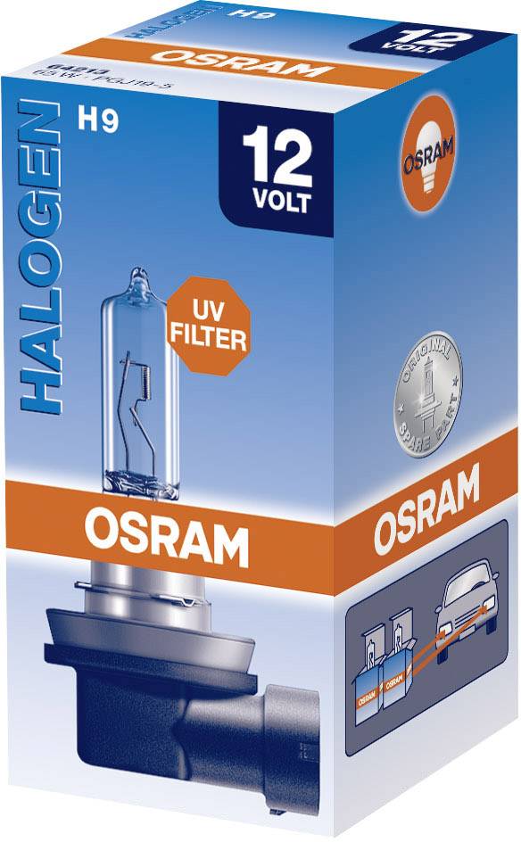 Verpackung einer OSRAM H9 Halogenlampe, 12 Volt, mit UV-Filter. Bild eines Autoscheinwerfers und der Lampe auf der Schachtel.