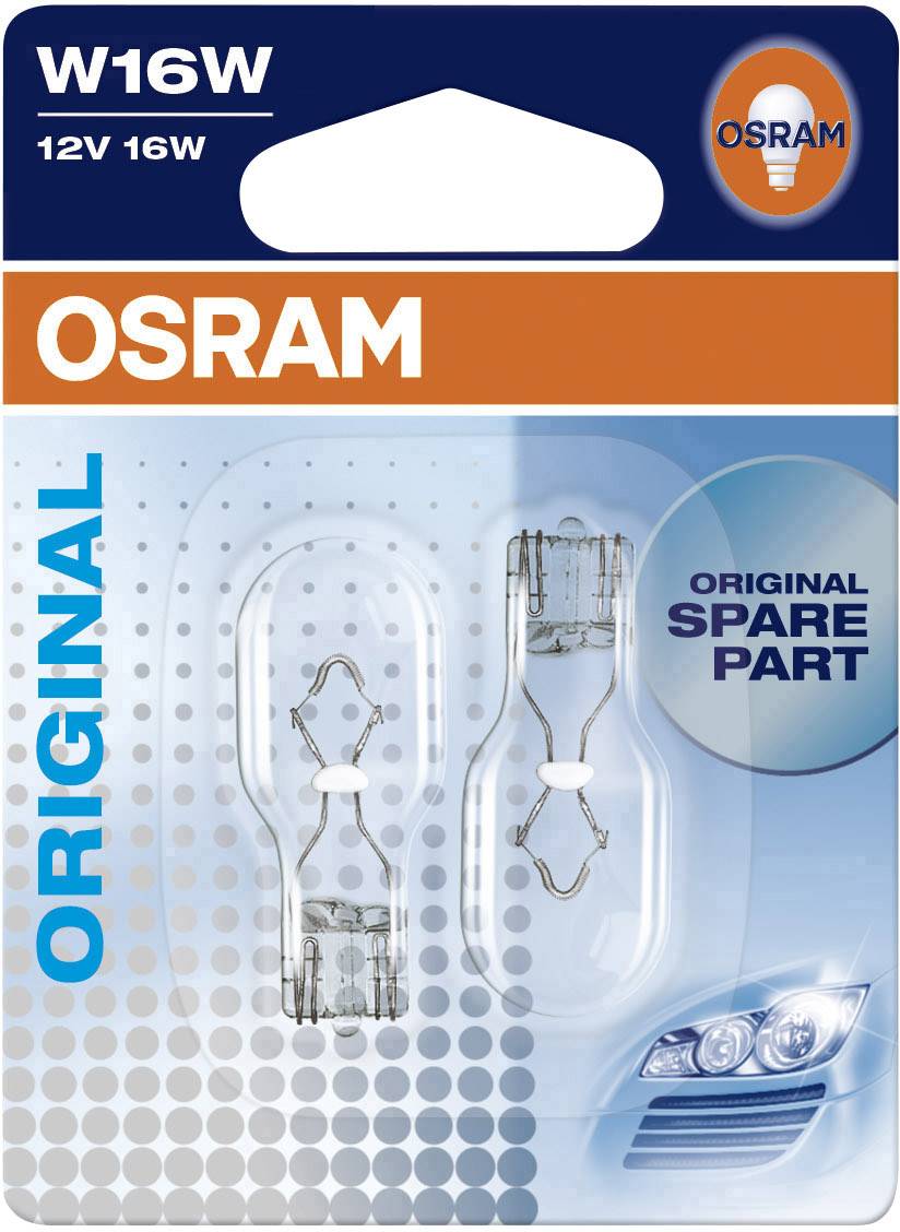 'OSRAM Original' Verpackung zeigt zwei transparente W16W 12V 16W Ersatzlampen für Autoscheinwerfer. Text: 'Original Spare Part', Bild eines Autoscheinwerfers.