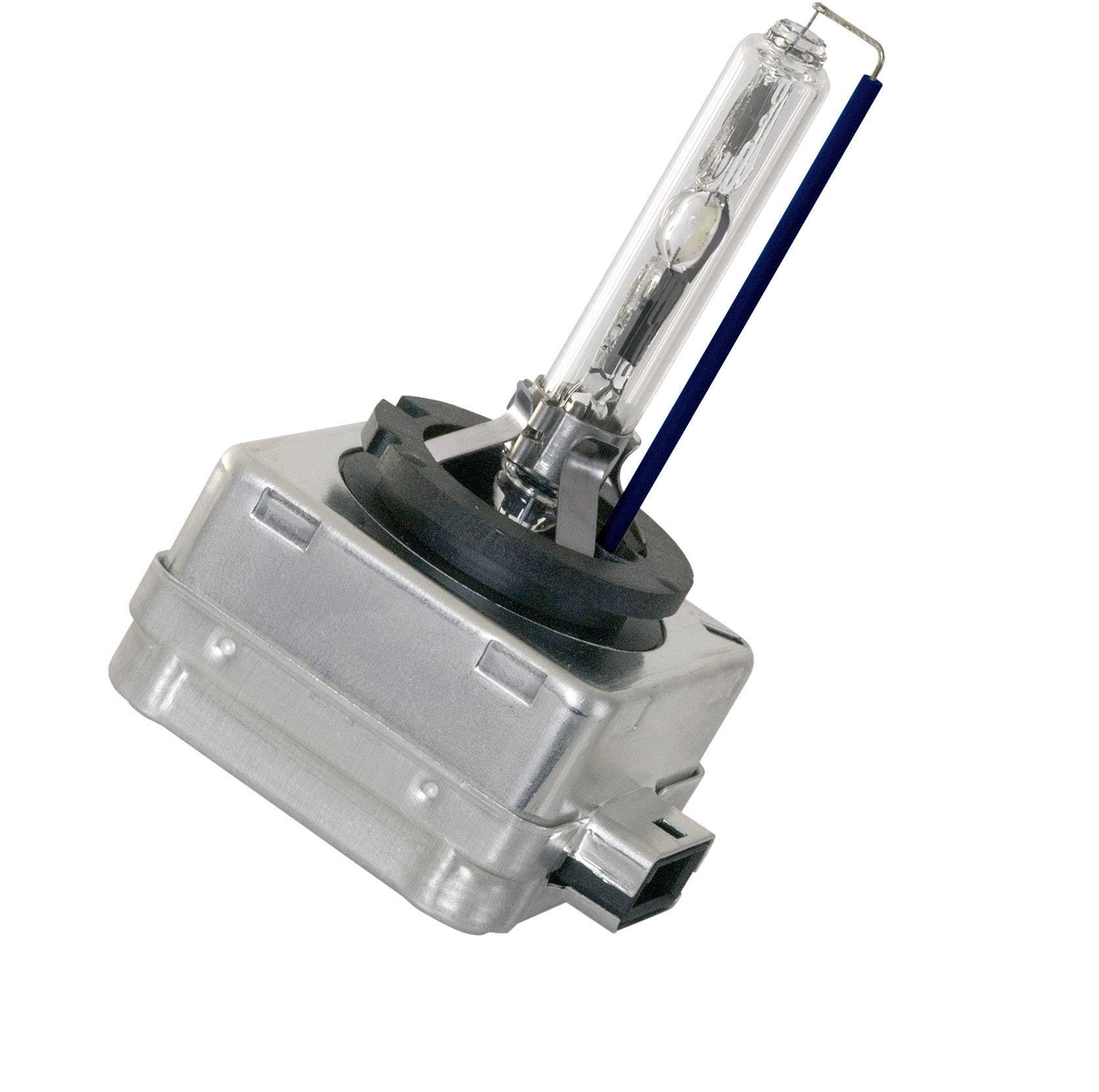 Eine einzelne Autolampe, wahrscheinlich ein Xenon- oder LED-Scheinwerfer, in einem Metallgehäuse.