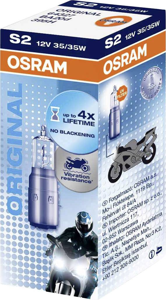 'Eine Osram S2 Glühbirnenverpackung mit Abbildungen der Motorradlampe, Hinweisen auf Langlebigkeit, Vibrationsfestigkeit und UV-Filter.'