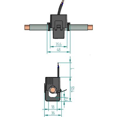 Technische Zeichnung eines elektrischen Schalters mit Abmessungen. Die Breite beträgt 48 mm, die Höhe 36 mm und die Tiefe 78 mm.