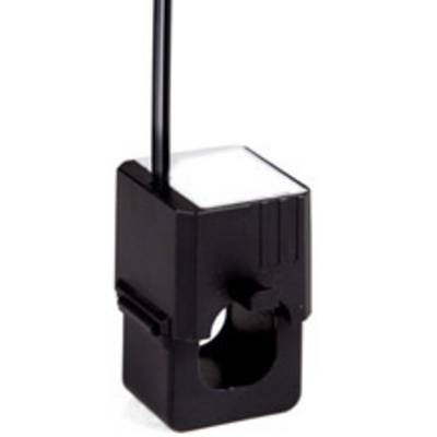 Ein quadratischer schwarzer Sensor mit offenem Ring an der Unterseite und einem Kabel oben, vermutlich für Strommessungen.