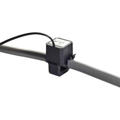 Ein Sensor ist an einem grauen Rohr befestigt, das von einem schwarzen Kabel verbunden wird.