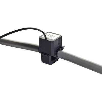Ein quadratischer Sensor sitzt auf einem isolierten Kabel und misst oder überwacht elektrische Parameter.