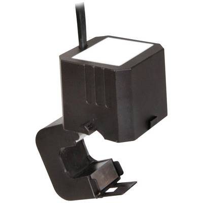 Das Bild zeigt einen schwarzen Stromsensor mit einem offenen Clip-Design, das Kabel oben angeschlossen.