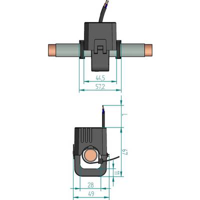 Technische Zeichnung eines elektronischen Geräts mit Maßen. Oben: Breite 57,2mm, Höhe 44,5mm. Unten: Breite 49mm, Höhe 47mm.
