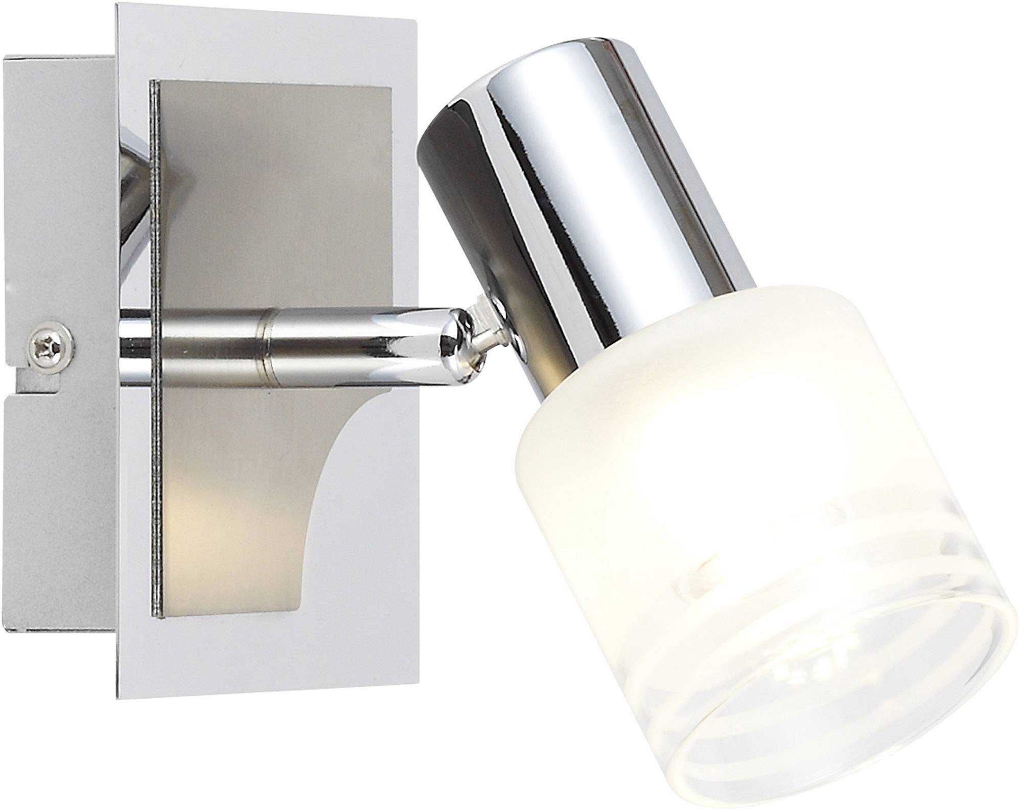 Eine silberne Wandlampe mit verstellbarem, zylindrischem Lampenschirm strahlt helles Licht aus einer milchigen Glasabdeckung.