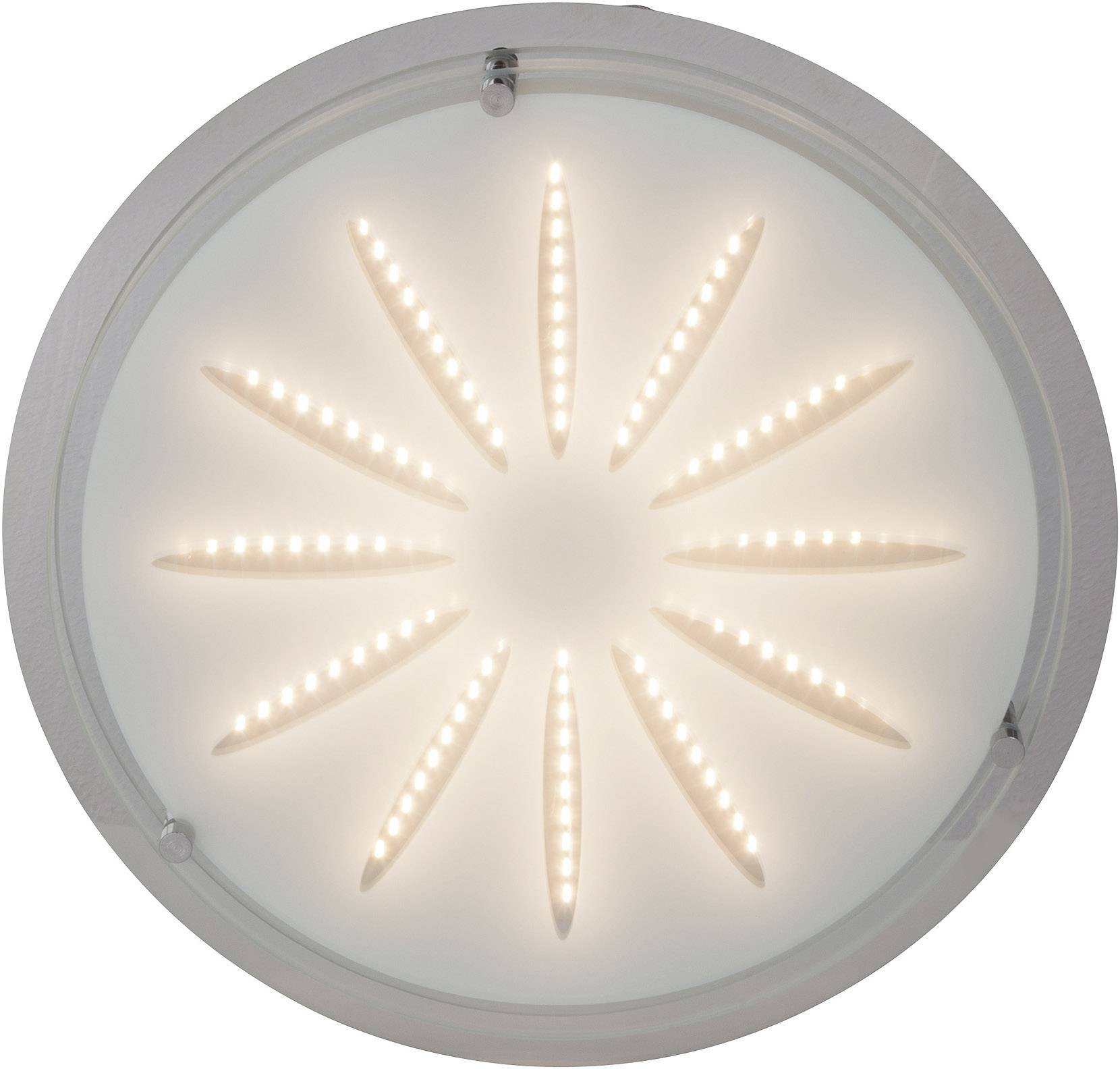 Runde Deckenlampe mit sternförmigem Muster aus warmweißen LED-Leuchten strahlt gleichmäßig weiches Licht in alle Richtungen ab.