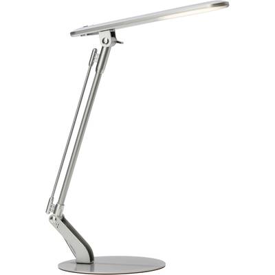 Moderne silberne Tischlampe mit verstellbarem Arm und schlankem Design, ideal zur Beleuchtung von Arbeitsbereichen.