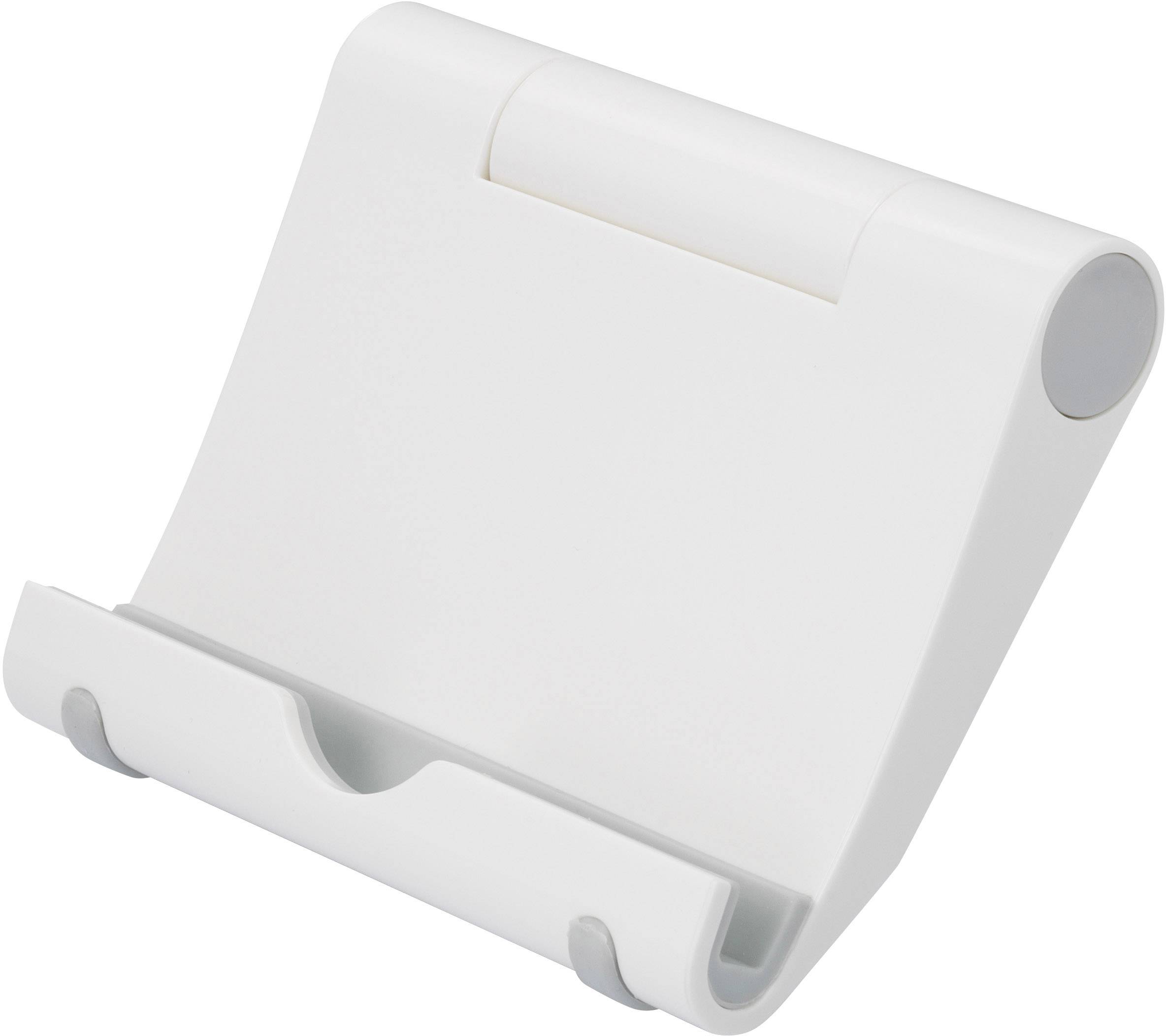 Ein weißer, klappbarer Ständer für Tablets oder Smartphones, geeignet zum Einstellen auf einem Tisch für freihändige Nutzung.