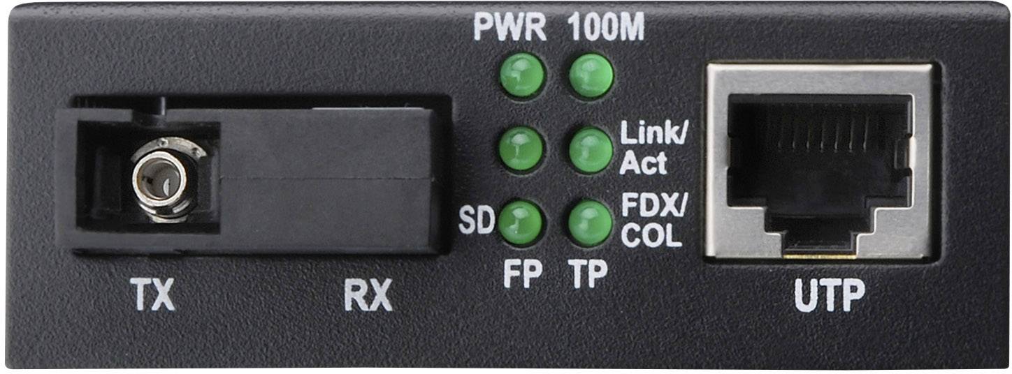 Ein Medienkonverter mit einem Glasfaseranschluss (TX, RX) und einem Ethernetanschluss (UTP). LEDs zeigen Statusinformationen wie 'PWR' und 'Link/Act'.