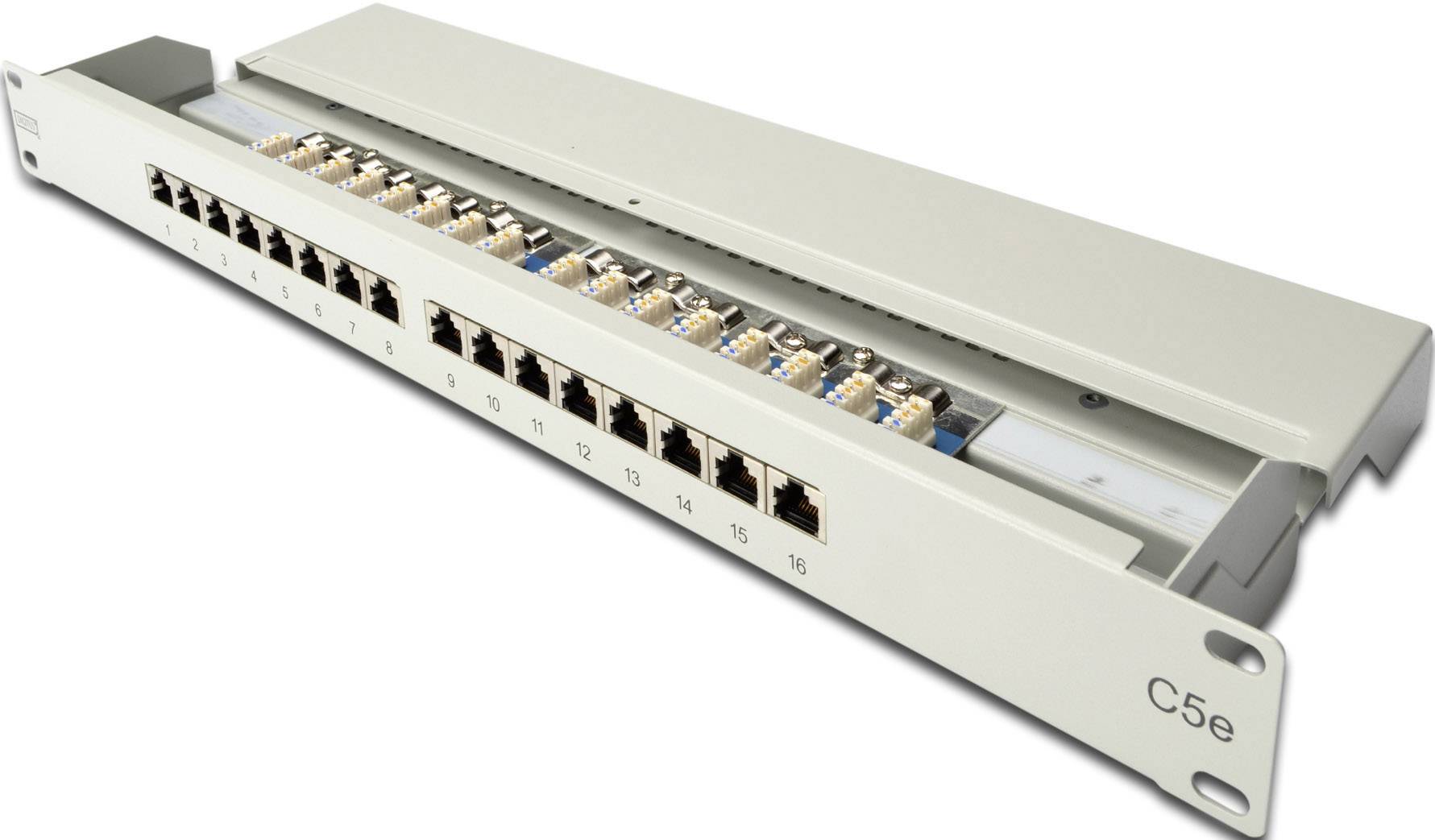 Patchpanel mit 16 Ethernet-Ports, Beschriftung 'C5e' an der Seite, geeignet zur Organisation und Verteilung von Netzwerkverbindungen.