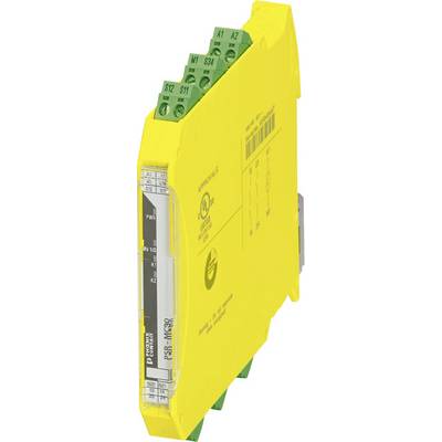 Ein gelbes Sicherheitsrelais mit grünen Anschlüssen, beschriftet mit technischer Spezifikation und Sicherheitszertifikaten.