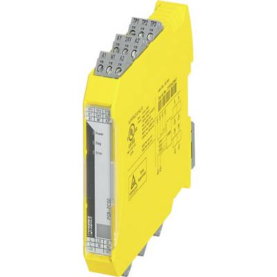 Gelbes Phoenix Contact Steuergerät, Modell 'PSR-SCP-24DC', verwendet für Sicherheitsfunktionen in industriellen Anwendungen.