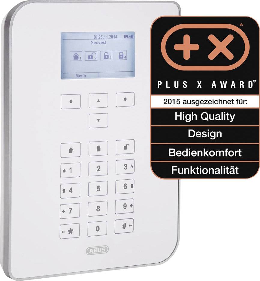 Ein Sicherheitspanel mit Bildschirm zeigt 'Secvest' und Datum. Daneben ein 'Plus X Award 2015' für Qualität, Design, Bedienung, Funktionalität.