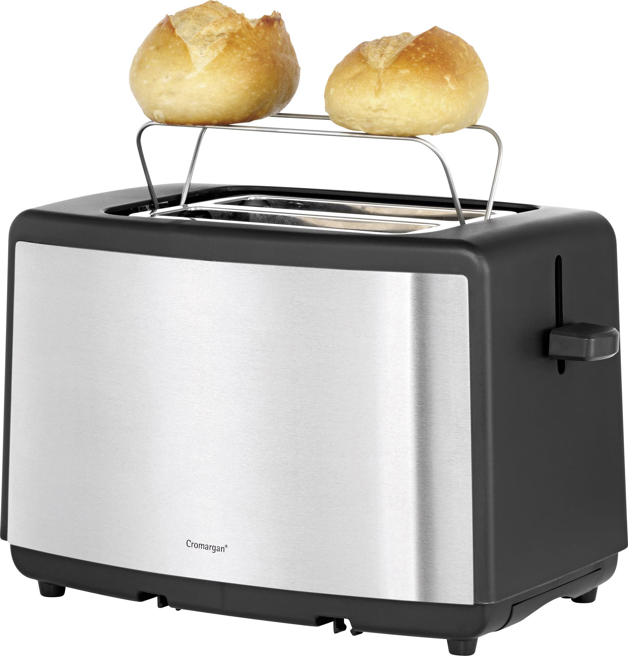 Ein Toaster mit zwei Brötchen auf einem Brötchenaufsatz, silbernes Design mit schwarzem Rand.