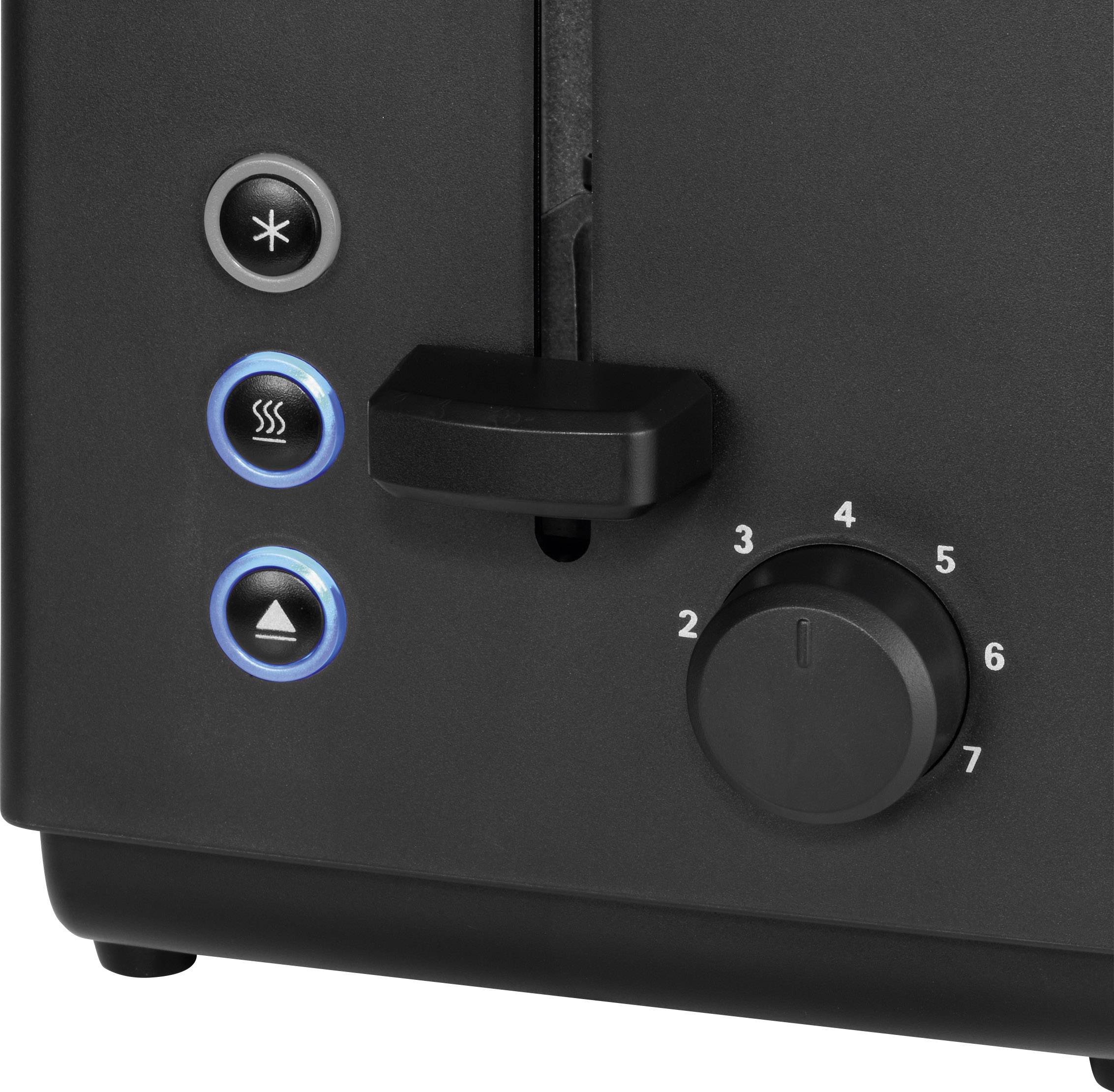 Schwarzer Toaster mit Bedienelementen: Bräunungsgrad-Wahlschalter mit Zahlen 1 bis 7 und beleuchtete Knöpfe für Auftauen und Aufwärmen.