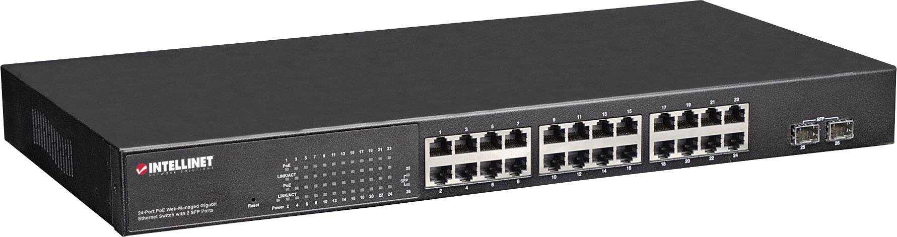 Schwarzer Netzwerk-Switch mit 24 Ethernet-Ports, zwei zusätzlichen Anschlüssen rechts und der Marke 'Intellinet' links markiert.