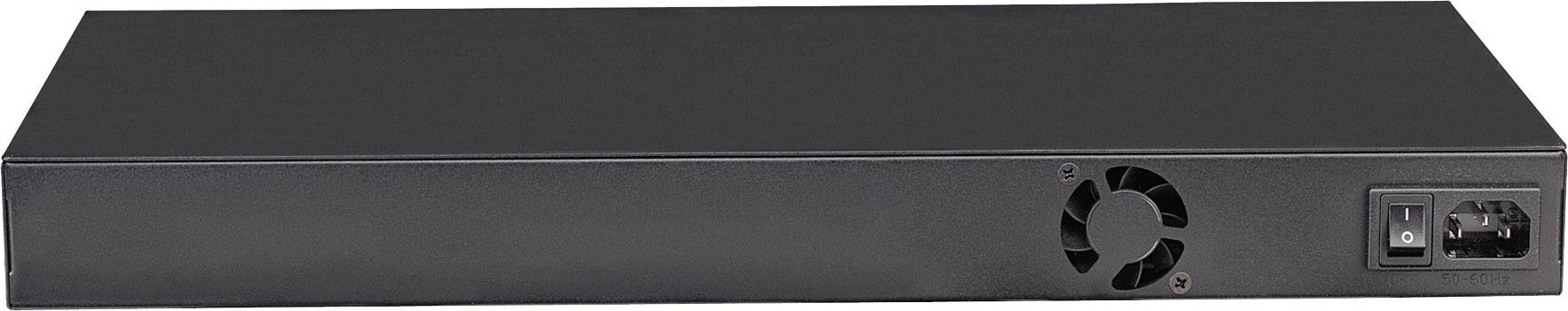 Schwarzer Netzwerk-Switch mit Lüfter und Netzteilanschluss auf der Rückseite.
