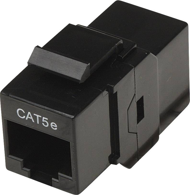 Ein schwarzes CAT5e Keystone-Modul für Netzwerkkabelverbindungen, gezeigt vor einem weißen Hintergrund.