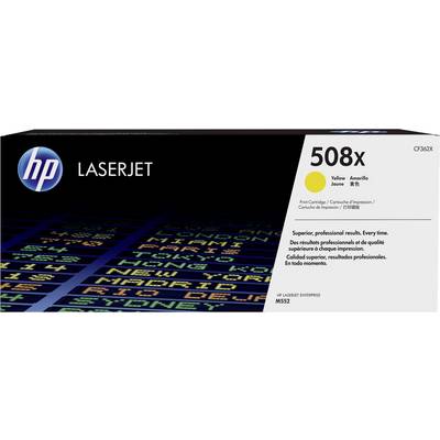 Kartusche für HP LaserJet Drucker, Modell 508x, gelb. Verpackung zeigt Produktbeschreibungen in mehreren Sprachen.