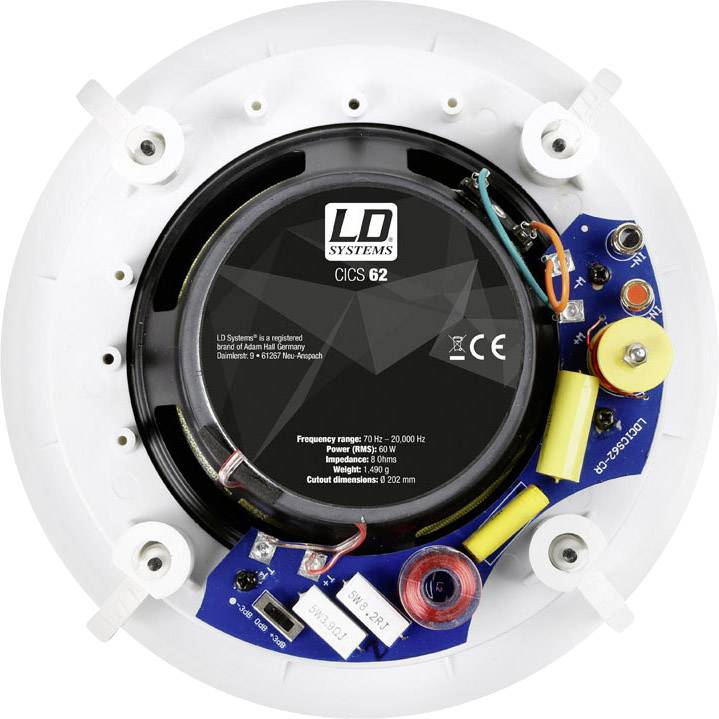 Lautsprecher von LD Systems in einer zylindrischen Gehäuseform, mit elektronischen Komponenten und Kabeln sichtbar an der Rückseite.