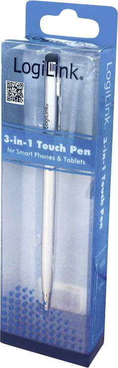 Berührungsempfindlicher Stift 'LogiLink 3-in-1 Touch Pen' für Smartphones und Tablets in einer blauen Verpackung.