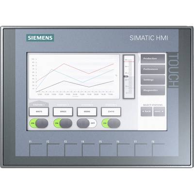Siemens Simatic HMI-Touchscreen zeigt ein Liniendiagramm mit Produktionsdaten, Tasten für Stationen und Menüoptionen wie 'Produktion'.