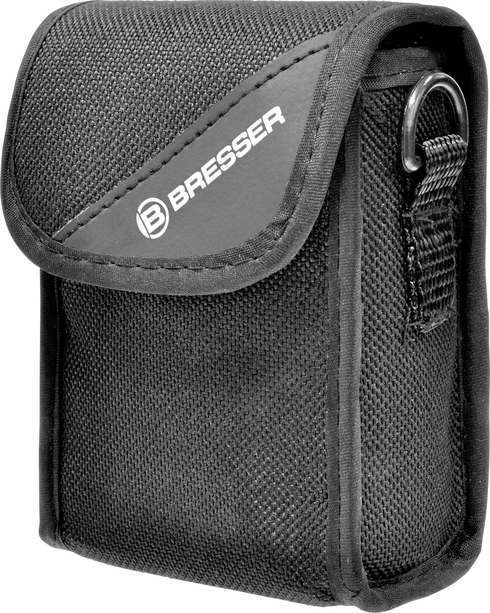 Schwarze Bresser-Tasche mit Klappe, Metallring und sichtbarem Markenlogo vorne. Ideal für kompakte Geräte und Zubehör.