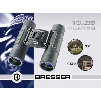 Fernglas Bresser 10x25 Hunter. Zeigt Vergrößerungen '1x' und '10x' von einem Objekt, z.B. einem Hochsitz im Wald.