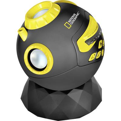 Ein schwarzes und gelbes astronomisches Teleskop mit Linsensystem, montiert auf einem runden Ständer.