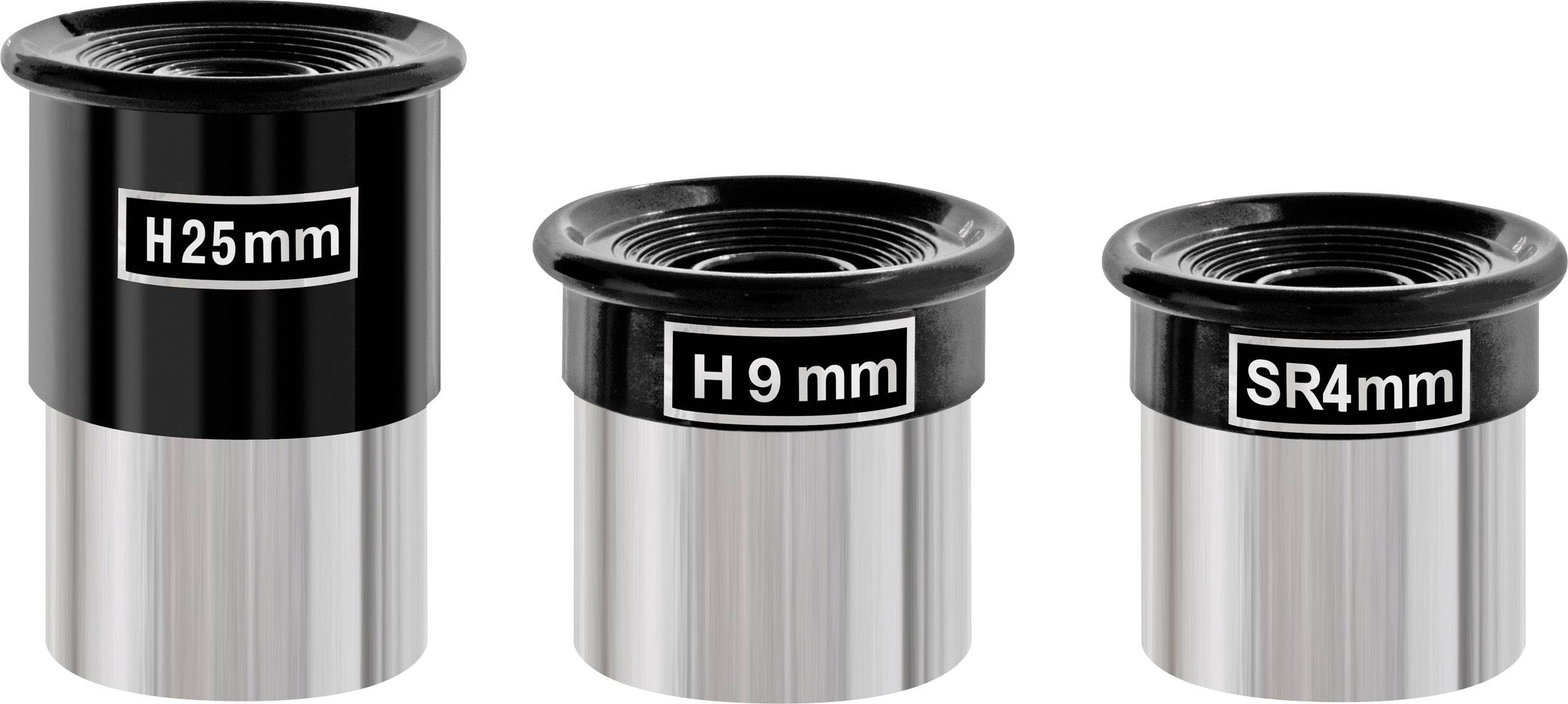 Drei Okulare in verschiedenen Größen: H25mm, H9mm und SR4mm, jeweils in Schwarz und Silber.
