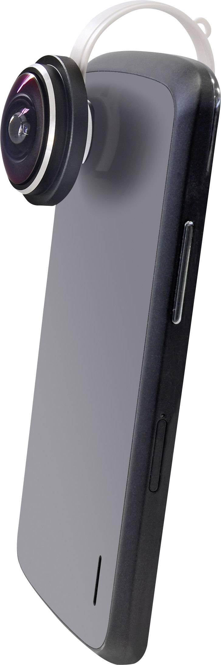 Smartphone mit einem angebrachten Kameraobjektivaufsatz auf der Oberseite, zeigt die Rückseite des Geräts.