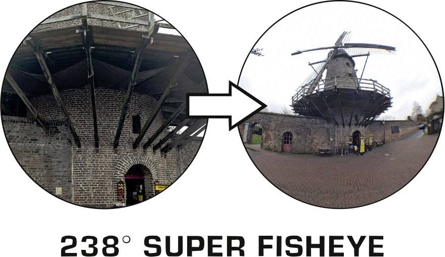 '238° Super Fisheye' zeigt zwei Bilder einer alten Mühle mit einem extremen Weitwinkeleffekt, der Boden und Himmel stark verzerrt.