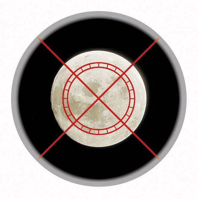 Ein Vollmond ist zu sehen, überlagert von einem roten X und einem roten Kreisgitter, auf schwarzem Hintergrund.