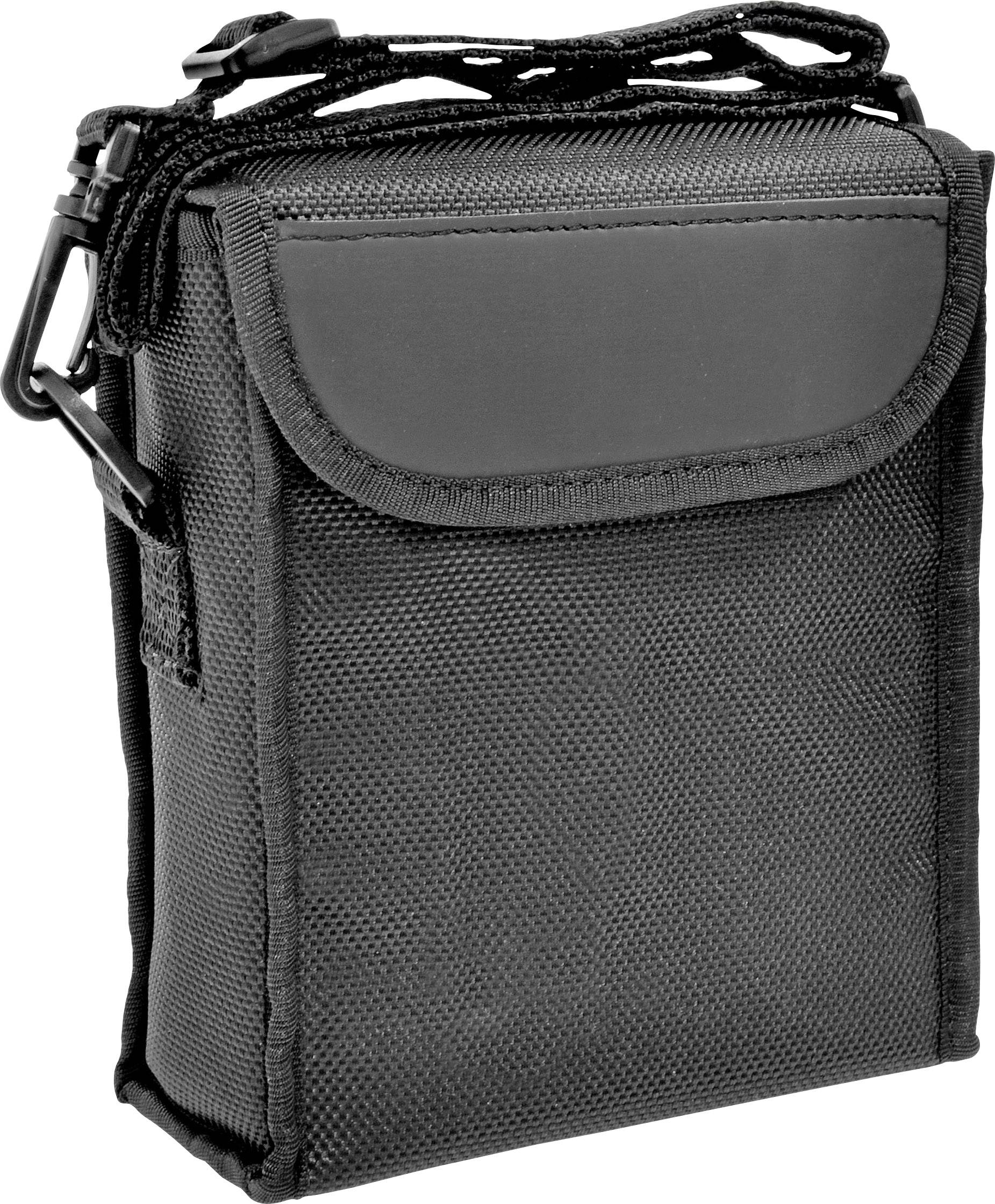 Schwarze, rechteckige Tasche aus robustem Material mit Verschlussklappe und Tragegurt. Ideal für sicheren Transport kleiner Gegenstände.