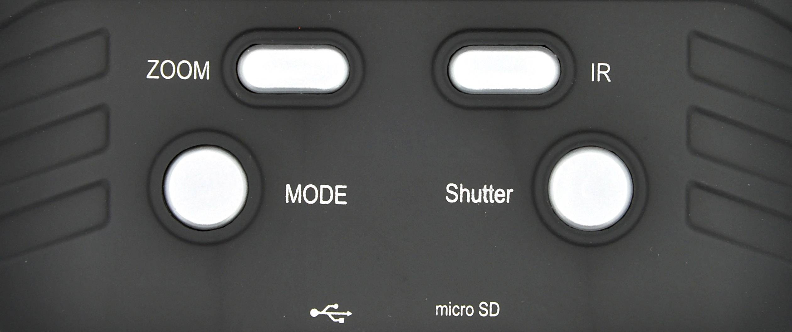 Vier Tasten auf einem Gerät: 'ZOOM', 'IR', 'MODE', 'Shutter'. Darunter ein USB-Symbol und 'micro SD'. Used for camera controls.