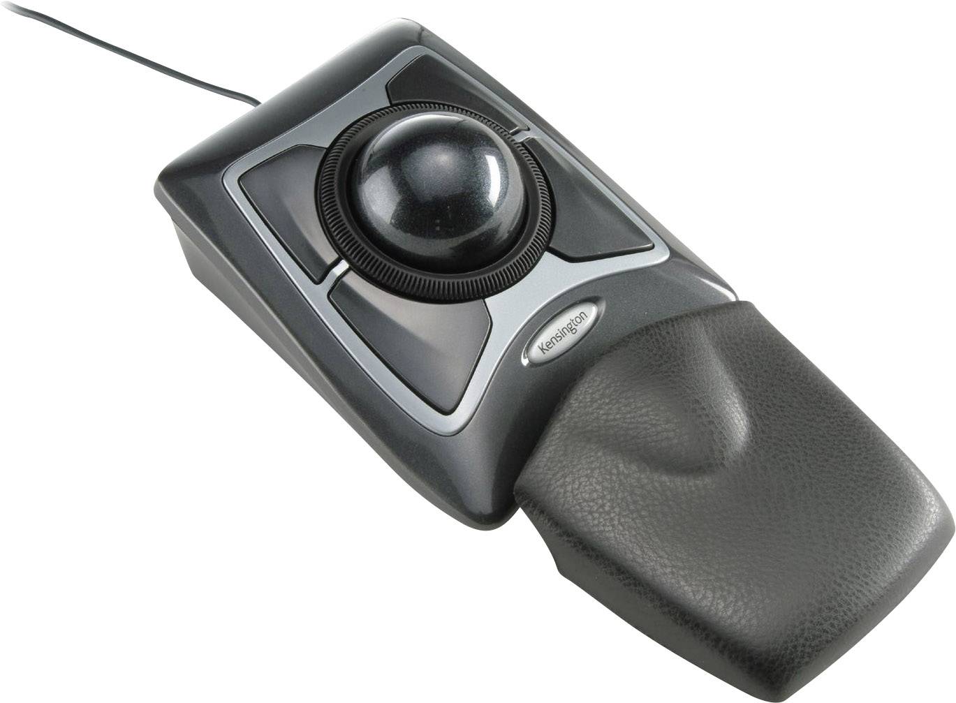Ein schwarzer Trackball mit Handballenauflage und Kabelanschluss. Ergonomisches Design für Computerbedienung.