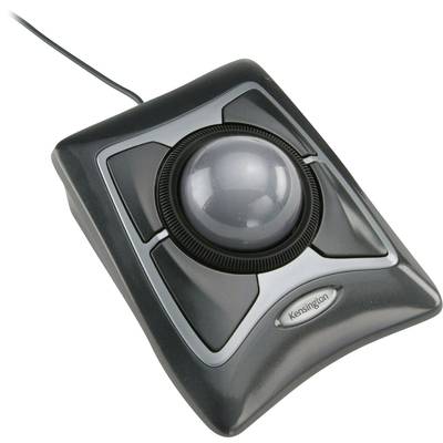 Eine schwarze Trackball-Maus mit großem, zentralem Ball und Kabel, verwendet zur Navigation am Computer.