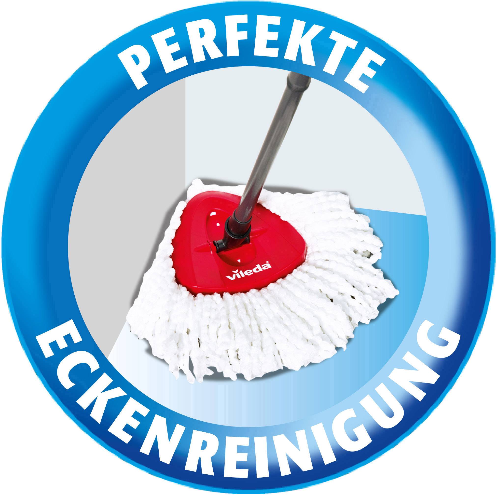 Ein roter, herzförmiger Wischmopp von Vileda reinigt effektiv eine Ecke. Der blaue Kreis betont 'Perfekte Eckenreinigung'.