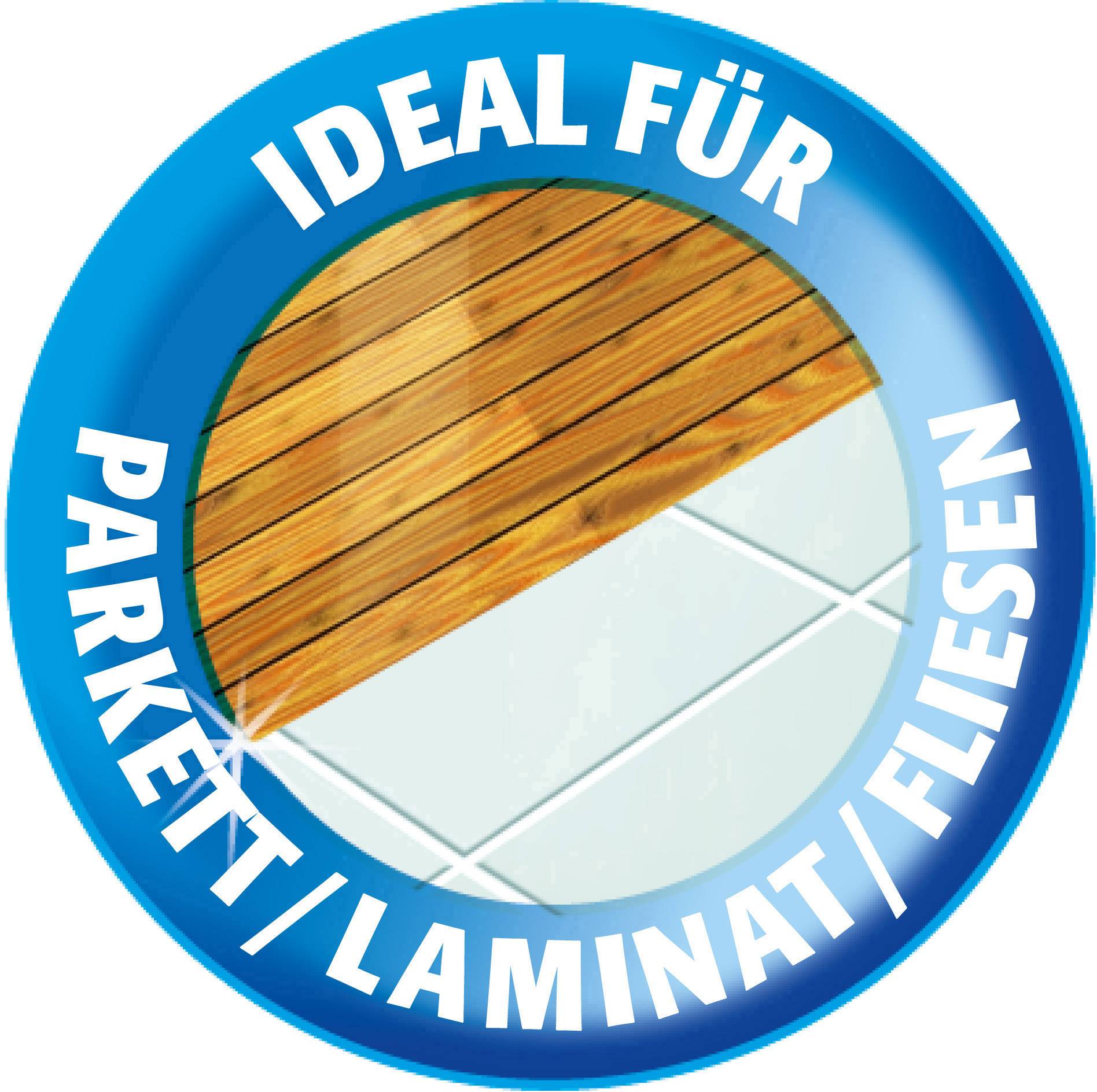 Blauer Kreis mit Text 'Ideal für Parkett/Laminat/Fliesen', enthält halb Holz-, halb Fliesenmuster.