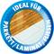 Blauer Kreis mit Text 'Ideal für Parkett/Laminat/Fliesen', enthält halb Holz-, halb Fliesenmuster.