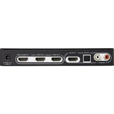 'Rückseite eines Geräts mit drei HDMI-Eingängen, einem SPDIF-Ausgang, einem Audio-Ausgang und einer Stromanschlussbuchse.'